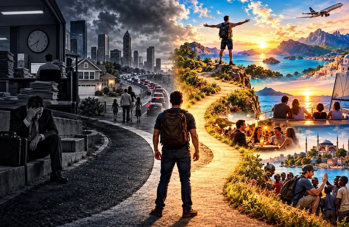 A person facing contrasting paths of routine and freedom