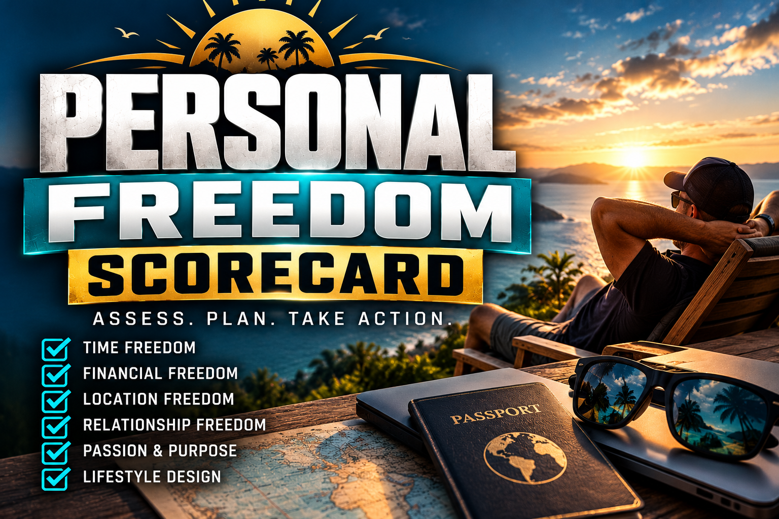 Personal Freedom Scorecard with a traveler overlooking the ocean at sunset