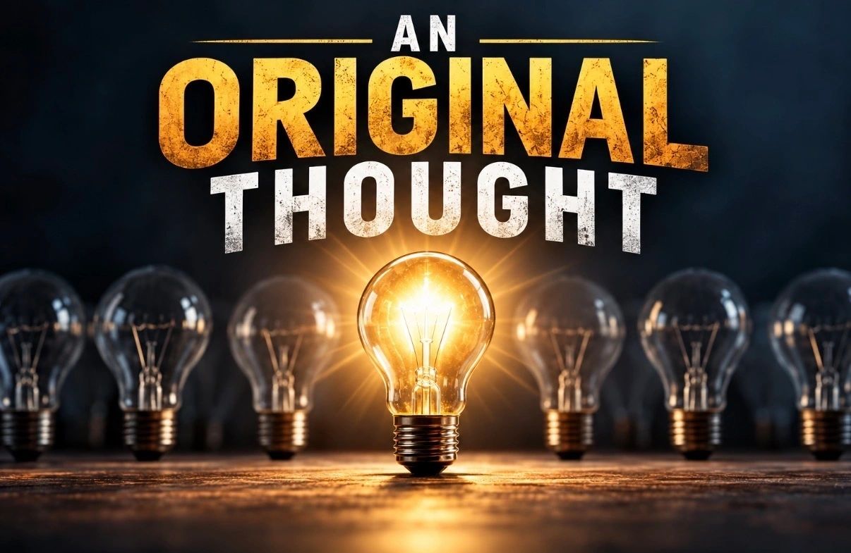 One glowing light bulb among unlit bulbs, beneath An Original Thought