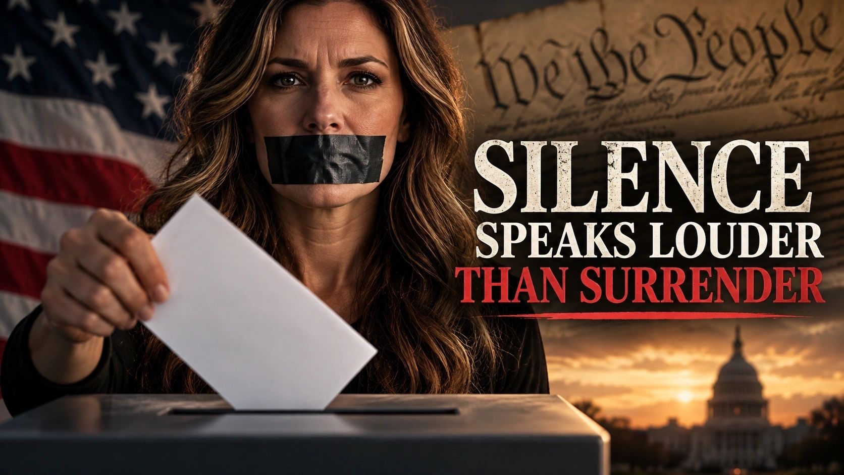 A woman holding a ballot beneath Silence Speaks Louder Than Surrender